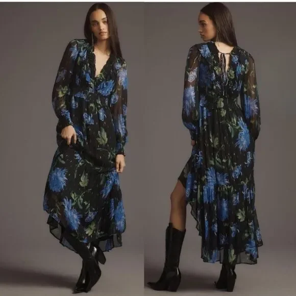 By Anthropologie size M The Odetta Ruffled V-Neck Midi Dress - Picture 1 of 6